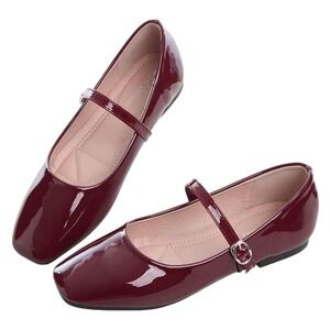 Annas Shoes Burgundy Patent Leather Mary Jane Square Toe Flats Size 230/6 US NEW